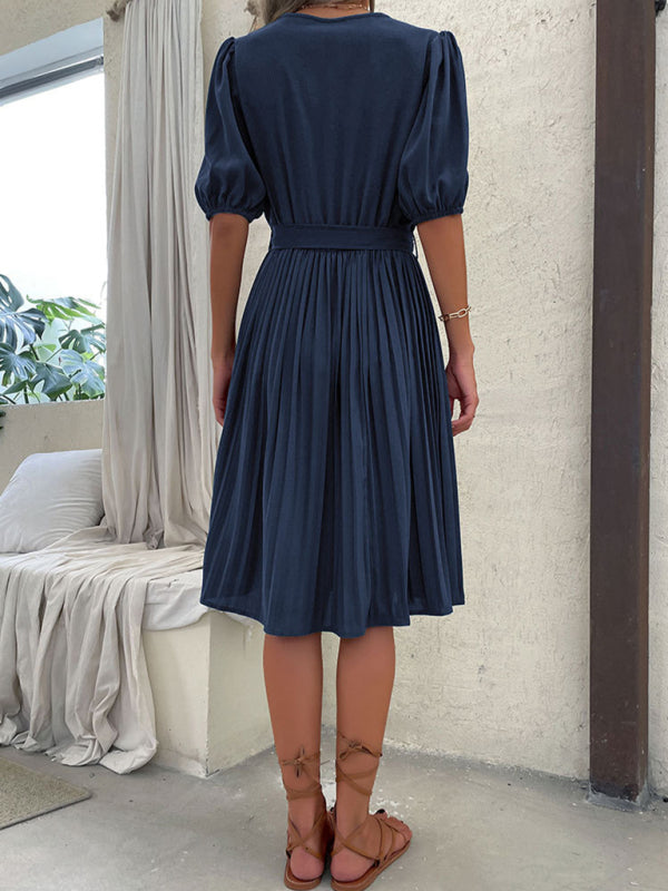 Solid Color Tie V Neck Pleated Dress BLUE ZONE PLANET