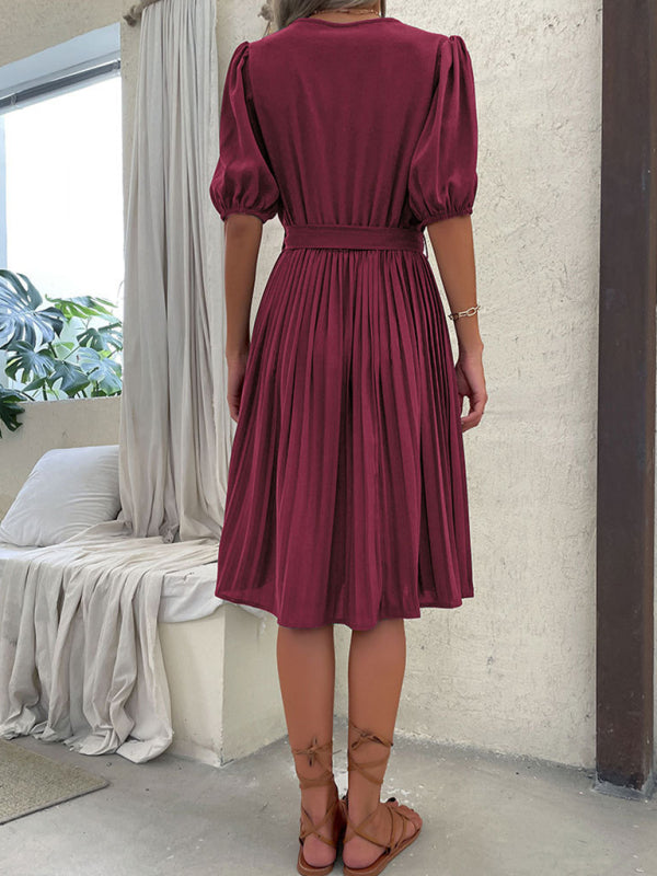 Solid Color Tie V Neck Pleated Dress BLUE ZONE PLANET