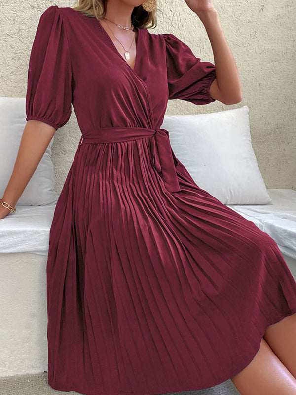 Solid Color Tie V Neck Pleated Dress BLUE ZONE PLANET
