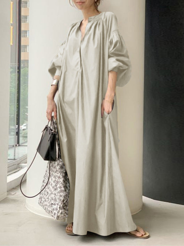 Blue Zone Planet | Women's Elegant Solid Color Balloon Sleeve Shirt Dress BLUE ZONE PLANET