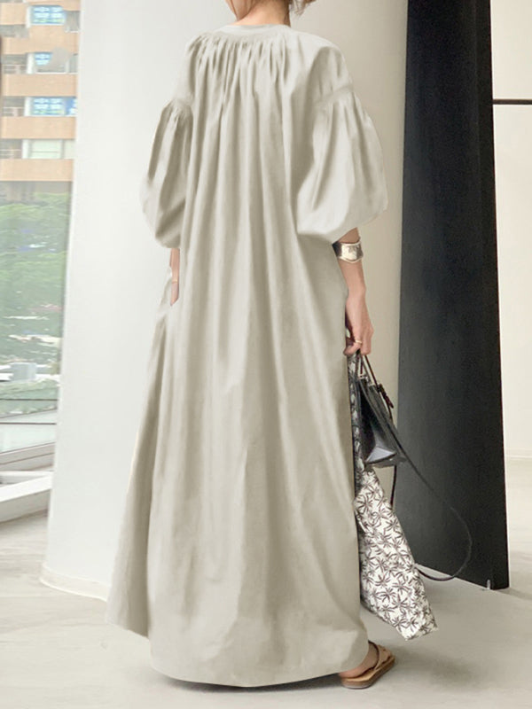 Blue Zone Planet | Women's Elegant Solid Color Balloon Sleeve Shirt Dress BLUE ZONE PLANET