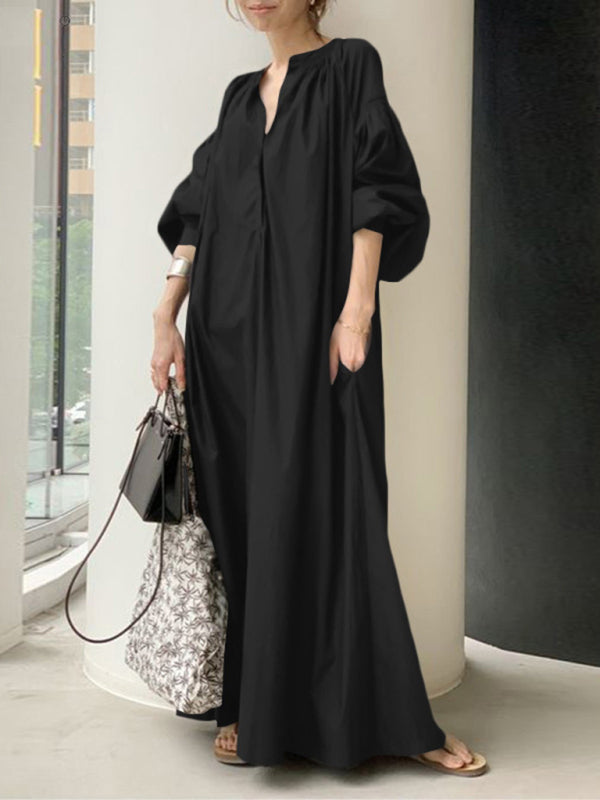 Blue Zone Planet | Women's Elegant Solid Color Balloon Sleeve Shirt Dress BLUE ZONE PLANET