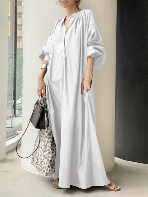 Blue Zone Planet | Women's Elegant Solid Color Balloon Sleeve Shirt Dress BLUE ZONE PLANET
