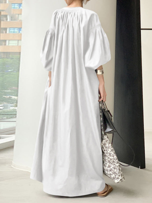 Blue Zone Planet | Women's Elegant Solid Color Balloon Sleeve Shirt Dress BLUE ZONE PLANET