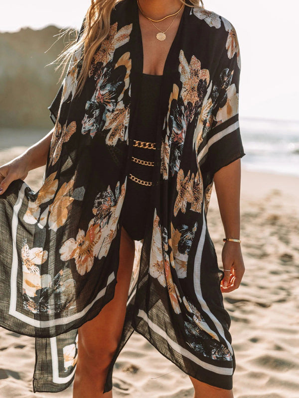 Blue Zone Planet | mid-length slit chiffon printed beach sunscreen blouse holiday style BLUE ZONE PLANET