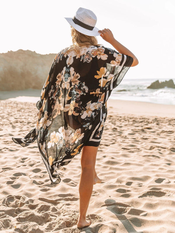 Blue Zone Planet | mid-length slit chiffon printed beach sunscreen blouse holiday style BLUE ZONE PLANET