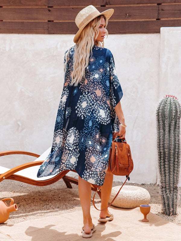 Blue Zone Planet |  mid-length slit chiffon printed beach sunscreen blouse holiday style BLUE ZONE PLANET