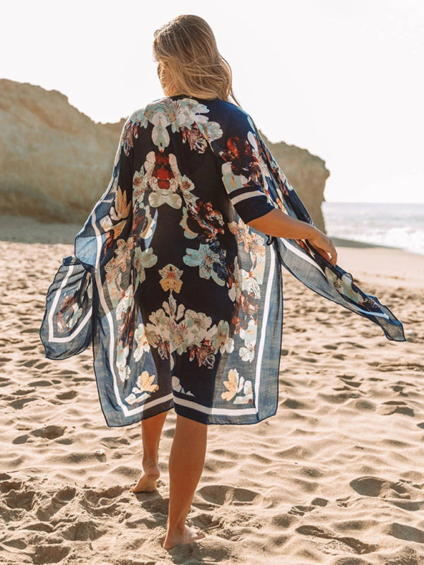 Blue Zone Planet | mid-length slit chiffon printed beach sunscreen blouse holiday style BLUE ZONE PLANET
