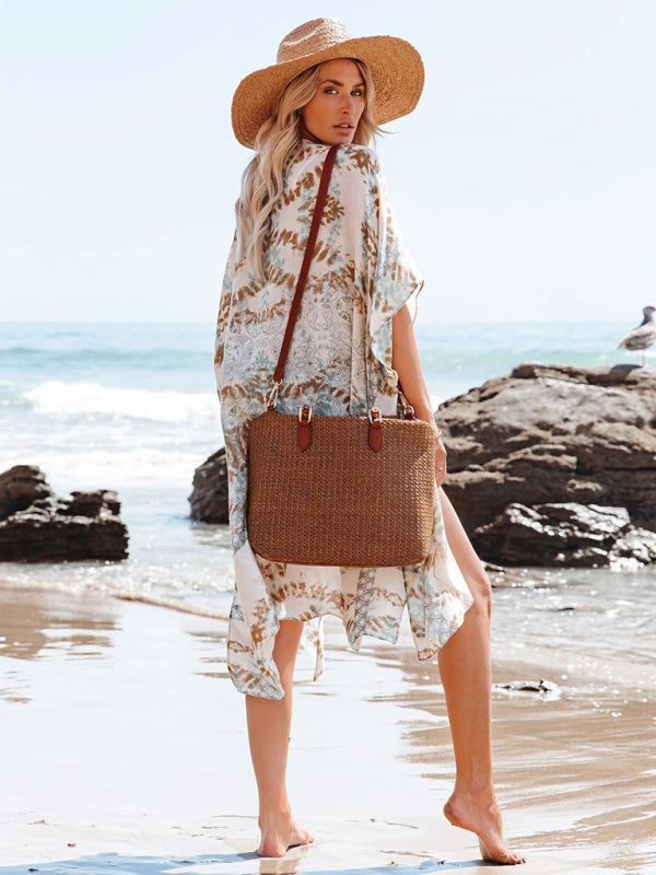 Blue Zone Planet |  mid-length slit chiffon printed beach sunscreen blouse holiday style BLUE ZONE PLANET