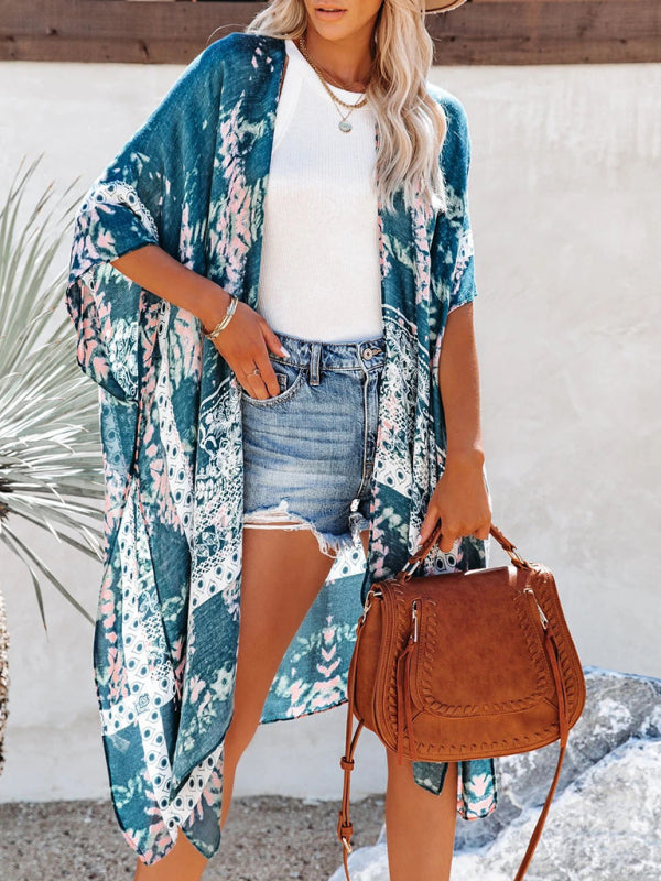 Blue Zone Planet | mid-length slit chiffon printed beach sunscreen blouse holiday style BLUE ZONE PLANET