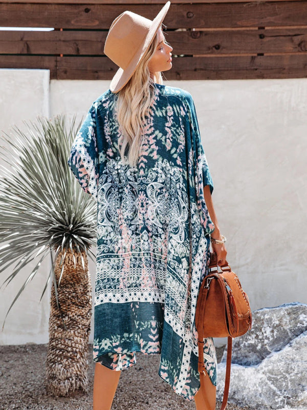 Blue Zone Planet |  mid-length slit chiffon printed beach sunscreen blouse holiday style BLUE ZONE PLANET