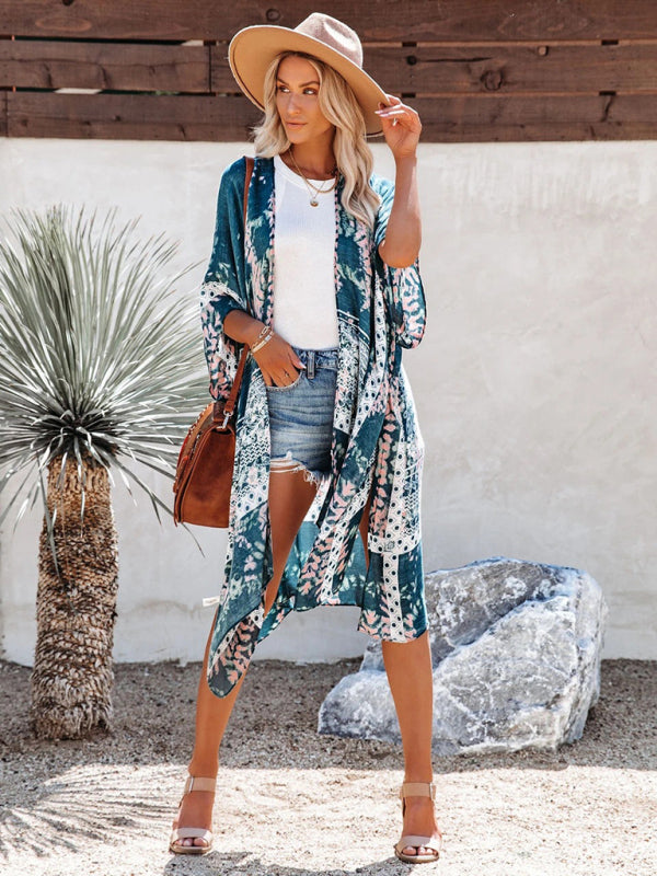 Blue Zone Planet |  mid-length slit chiffon printed beach sunscreen blouse holiday style BLUE ZONE PLANET