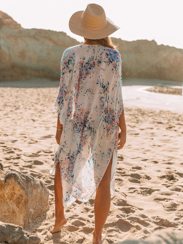 Blue Zone Planet |  mid-length slit chiffon printed beach sunscreen blouse holiday style BLUE ZONE PLANET