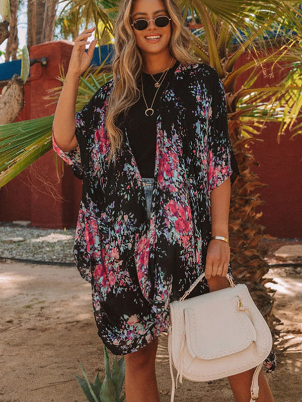 Blue Zone Planet | mid-length slit chiffon printed beach sunscreen blouse holiday style BLUE ZONE PLANET