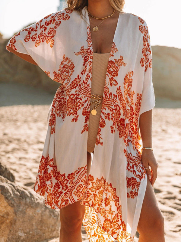 Blue Zone Planet | mid-length slit chiffon printed beach sunscreen blouse holiday style BLUE ZONE PLANET