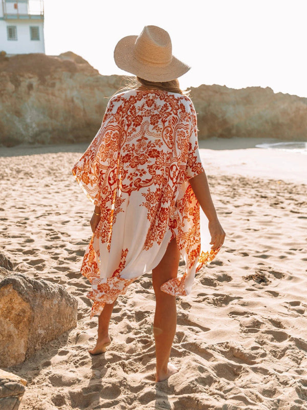 Blue Zone Planet |  mid-length slit chiffon printed beach sunscreen blouse holiday style BLUE ZONE PLANET