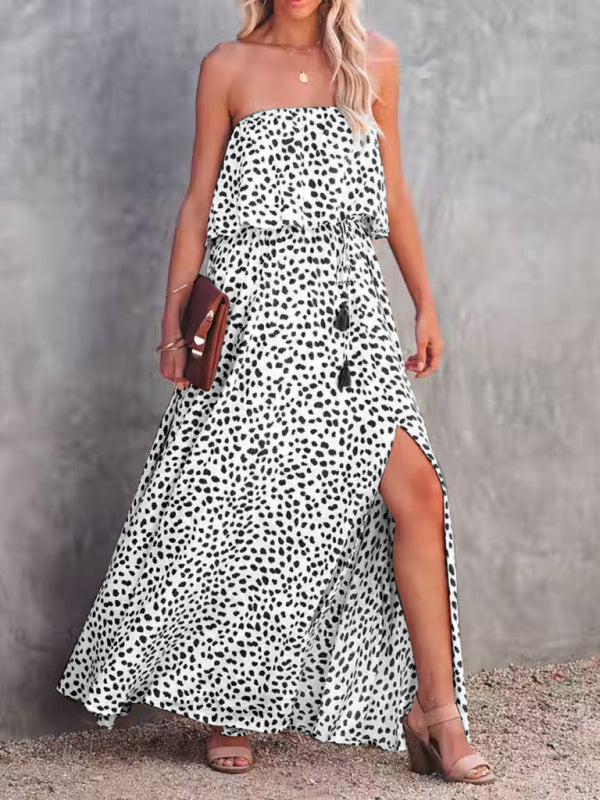 style leopard print one-shoulder ruffle slit dress kakaclo