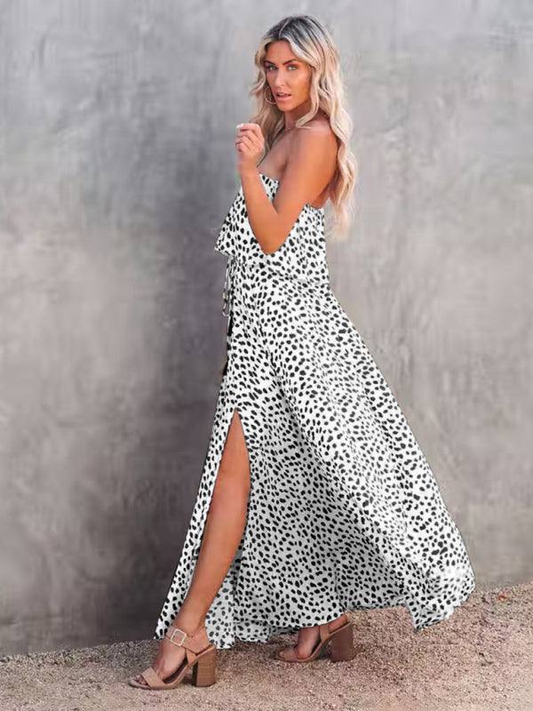 style leopard print one-shoulder ruffle slit dress kakaclo