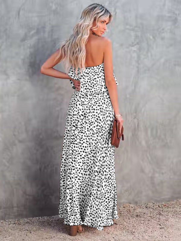 style leopard print one-shoulder ruffle slit dress kakaclo