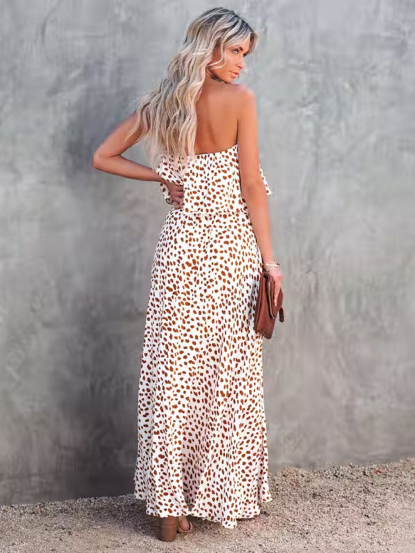 style leopard print one-shoulder ruffle slit dress kakaclo