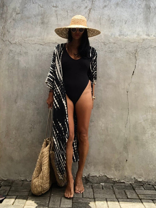 Blue Zone Planet |  Beach Cover-Up Rayon Tie-Dye Graphic Print Sunscreen Cardigan BLUE ZONE PLANET