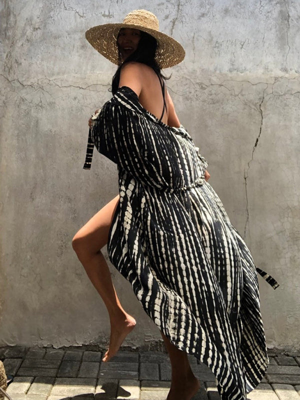 Blue Zone Planet |  Beach Cover-Up Rayon Tie-Dye Graphic Print Sunscreen Cardigan BLUE ZONE PLANET