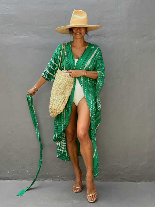 Blue Zone Planet |  Beach Cover-Up Rayon Tie-Dye Graphic Print Sunscreen Cardigan BLUE ZONE PLANET