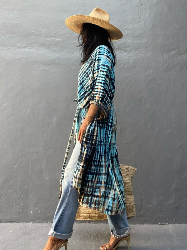 Blue Zone Planet |  Beach Cover-Up Rayon Tie-Dye Graphic Print Sunscreen Cardigan BLUE ZONE PLANET