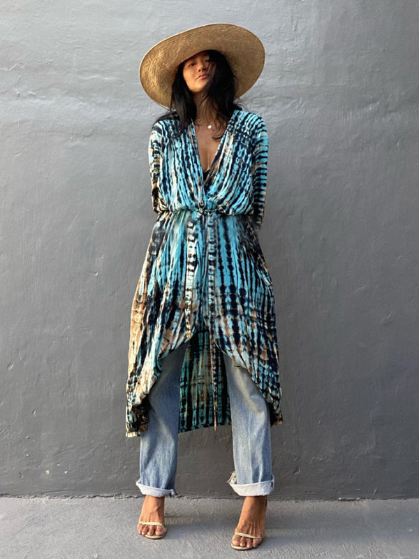 Blue Zone Planet |  Beach Cover-Up Rayon Tie-Dye Graphic Print Sunscreen Cardigan BLUE ZONE PLANET