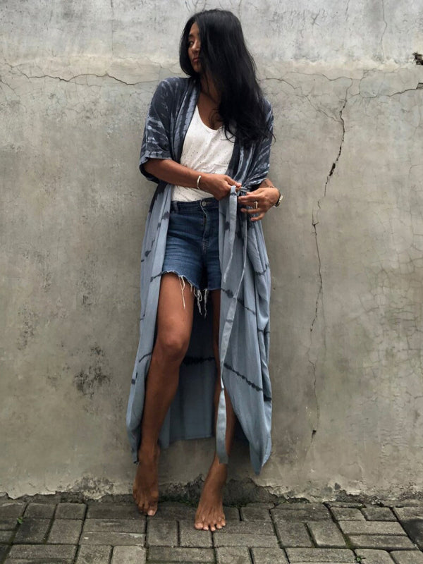 Blue Zone Planet |  Beach Cover-Up Rayon Tie-Dye Graphic Print Sunscreen Cardigan BLUE ZONE PLANET