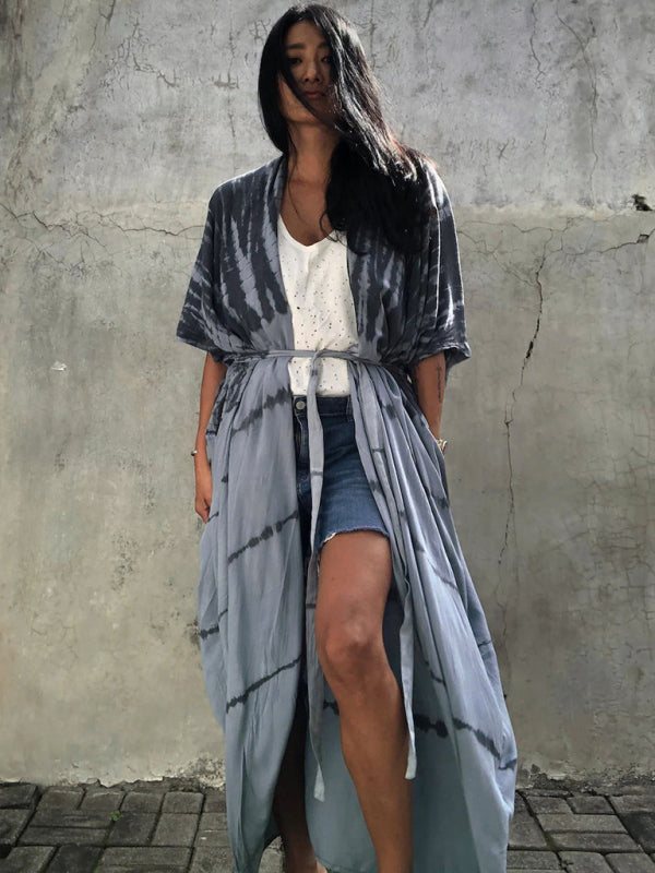 Blue Zone Planet |  Beach Cover-Up Rayon Tie-Dye Graphic Print Sunscreen Cardigan BLUE ZONE PLANET