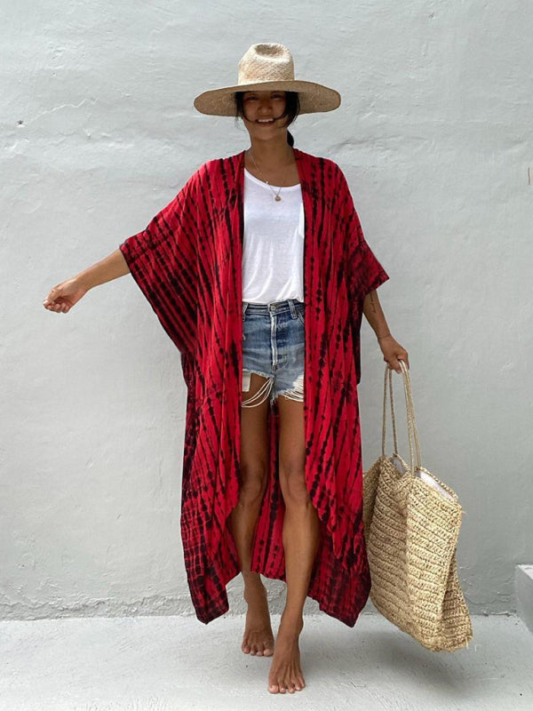 Blue Zone Planet |  Beach Cover-Up Rayon Tie-Dye Graphic Print Sunscreen Cardigan BLUE ZONE PLANET