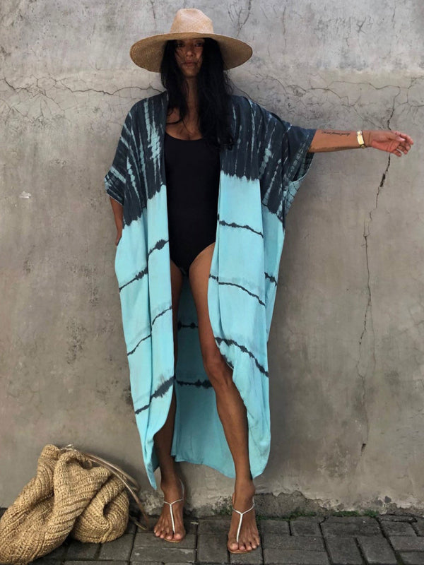 Blue Zone Planet |  Beach Cover-Up Rayon Tie-Dye Graphic Print Sunscreen Cardigan BLUE ZONE PLANET