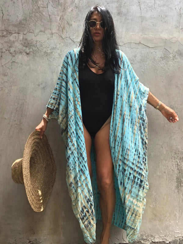Blue Zone Planet |  Beach Cover-Up Rayon Tie-Dye Graphic Print Sunscreen Cardigan BLUE ZONE PLANET