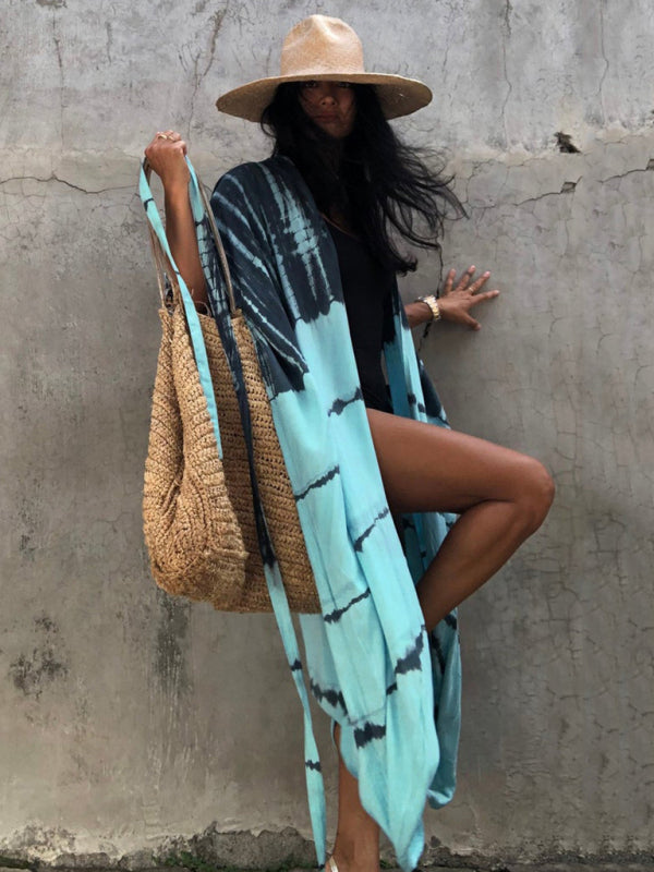 Blue Zone Planet |  Beach Cover-Up Rayon Tie-Dye Graphic Print Sunscreen Cardigan BLUE ZONE PLANET