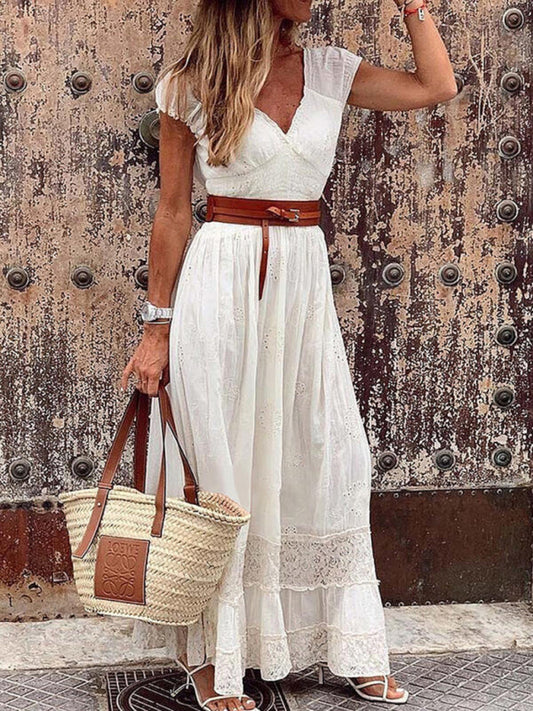 Blue Zone Planet |  V-neck long lace stitching elegant maxi dress BLUE ZONE PLANET