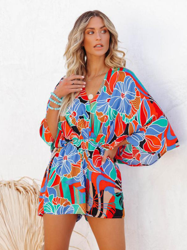Blue Zone Planet |  Elegant Printed Waist Short Sleeve Jumpsuit BLUE ZONE PLANET