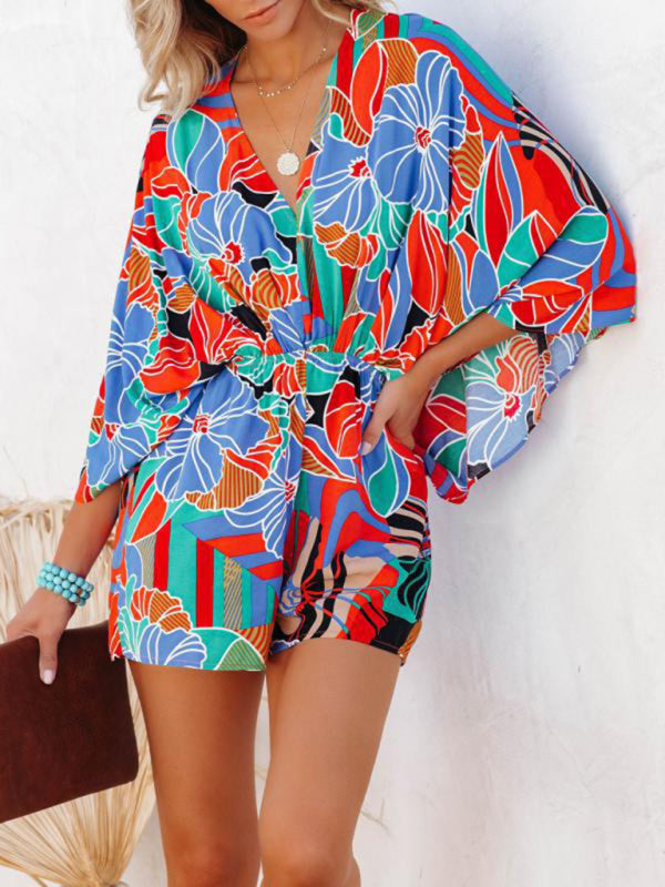 Blue Zone Planet |  Elegant Printed Waist Short Sleeve Jumpsuit BLUE ZONE PLANET