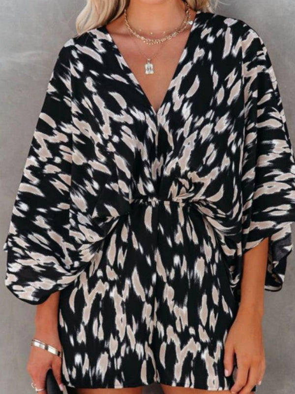 Blue Zone Planet | Elegant Printed Waist Short Sleeve Jumpsuit BLUE ZONE PLANET