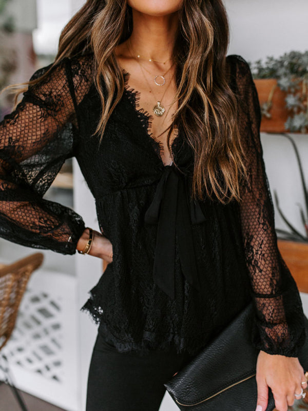 Lace Embroidery Stitching Lace Bow Tie Long Sleeve Top kakaclo