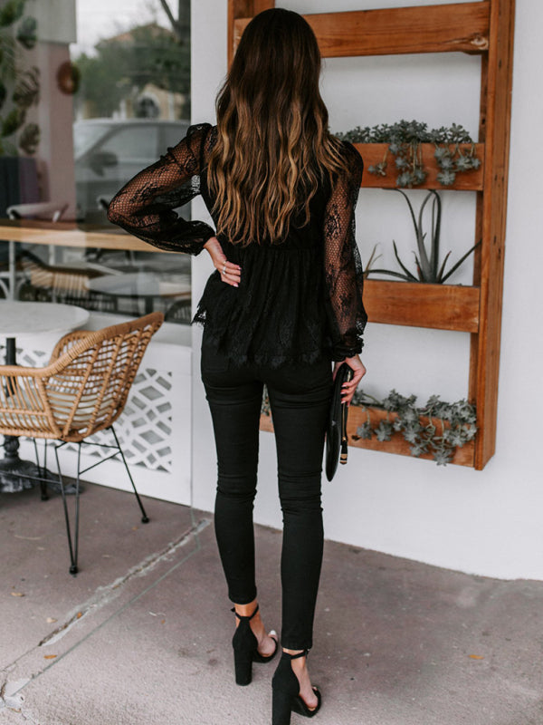 Lace Embroidery Stitching Lace Bow Tie Long Sleeve Top kakaclo