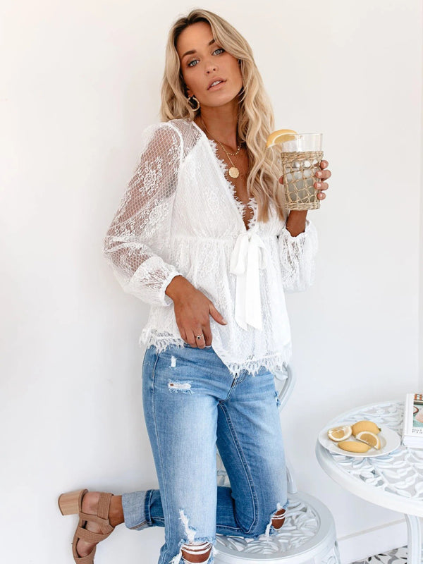 Lace Embroidery Stitching Lace Bow Tie Long Sleeve Top kakaclo