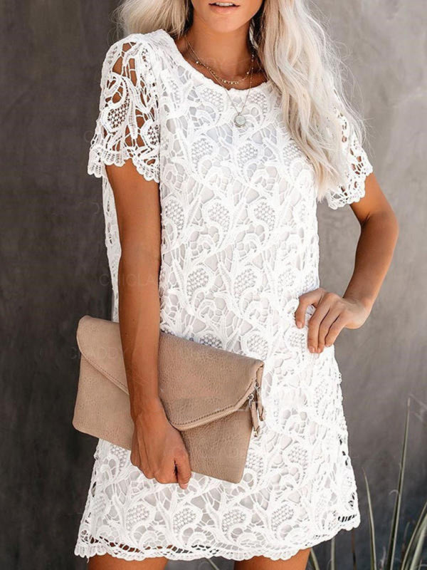 and elegant round neck hollow lace midi dress kakaclo