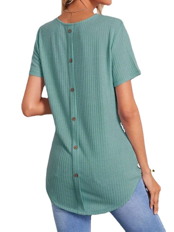 Blue Zone Planet | Back Single Breasted Loose Short Sleeve T-Shirt kakaclo