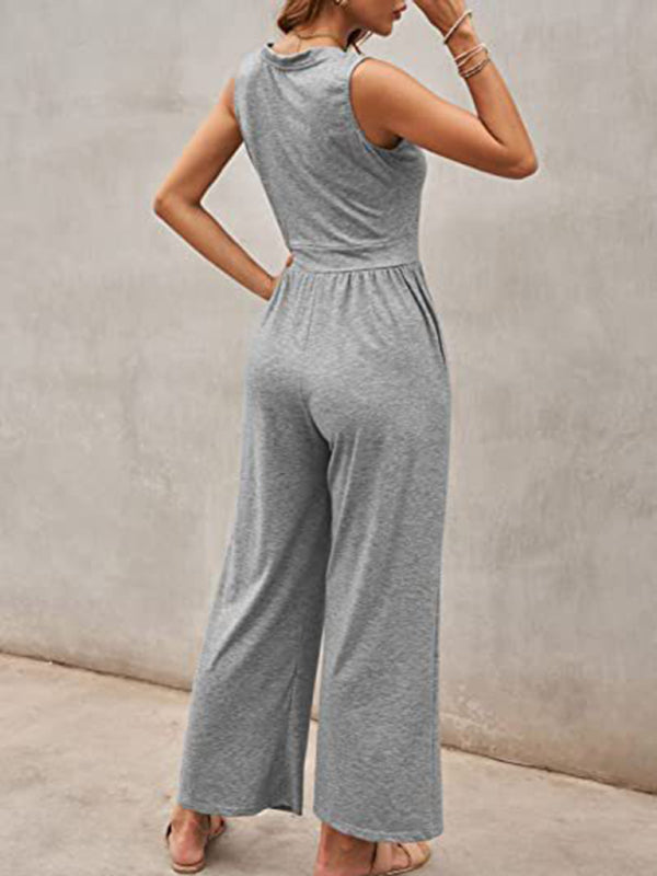 Solid Color Loose Sleeveless Jumpsuit BLUE ZONE PLANET