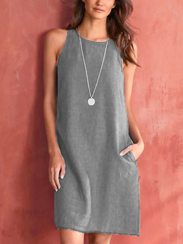 Woven Cotton Linen Comfortable Round Neck Sleeveless Dress kakaclo