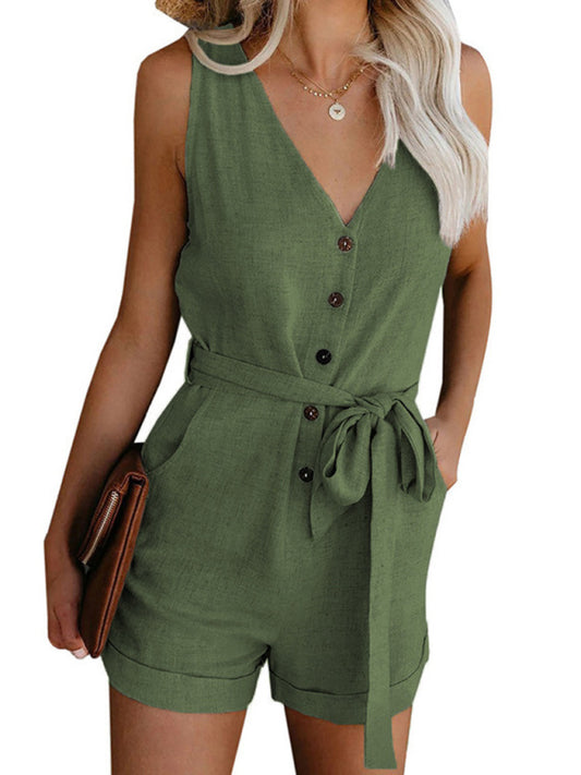 Woven Fashion V-Neck Button-Up Sleeveless Jumpsuit BLUE ZONE PLANET