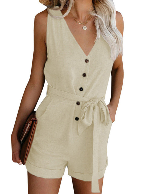 Woven Fashion V-Neck Button-Up Sleeveless Jumpsuit BLUE ZONE PLANET