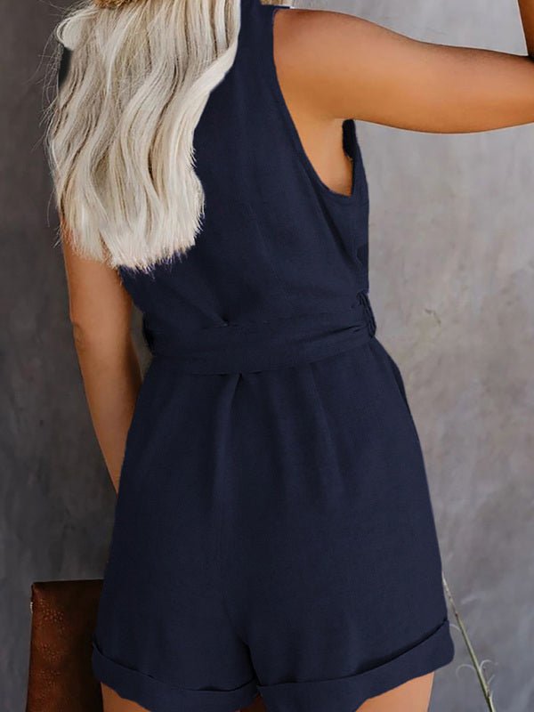 Woven Fashion V-Neck Button-Up Sleeveless Jumpsuit BLUE ZONE PLANET