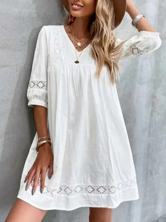 Blue Zone Planet |  New V-neck simple cotton mid-sleeve casual vacation dress kakaclo